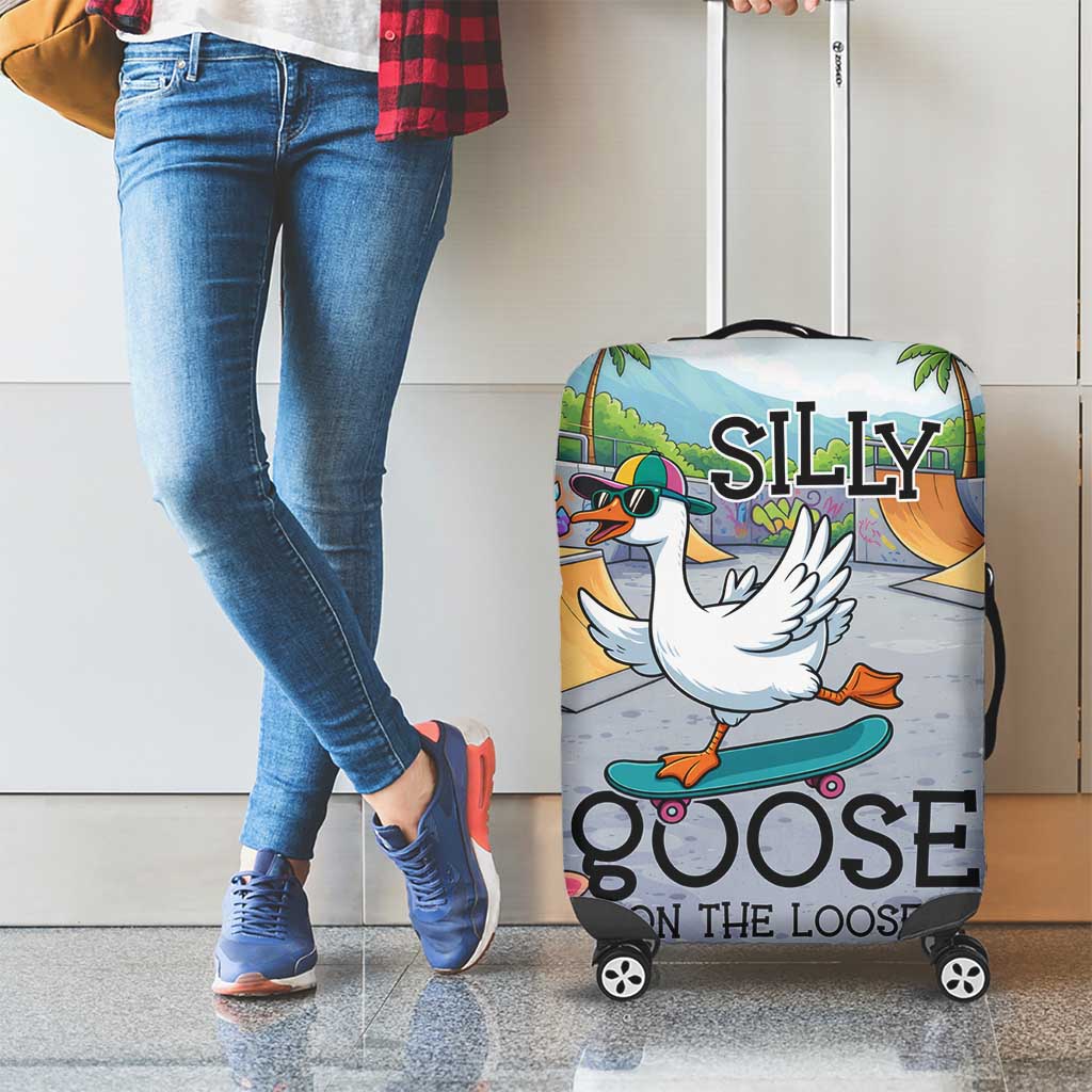 Funny Silly Goose on The Loose Luggage Cover with Skateboard and Palm Trees