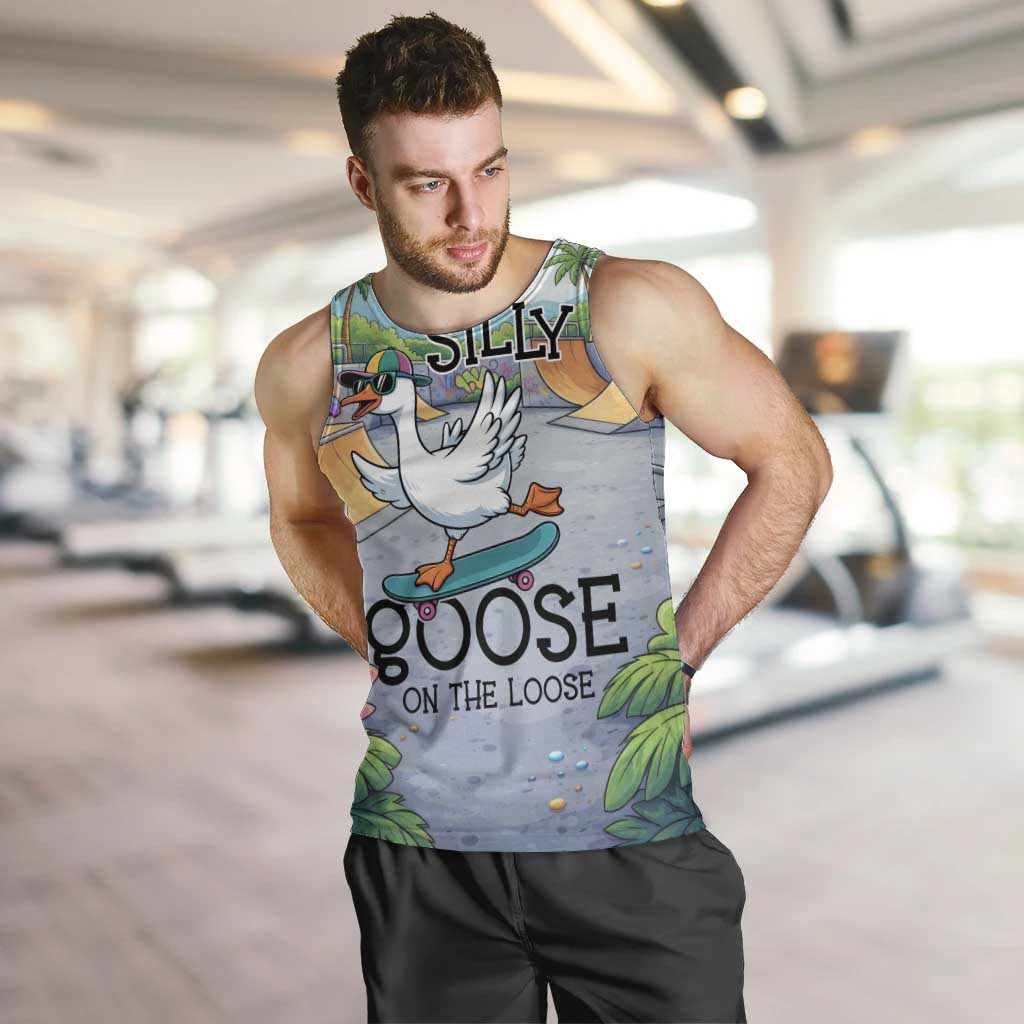 Funny Silly Goose on The Loose Men Tank Top with Skateboard and Palm Trees
