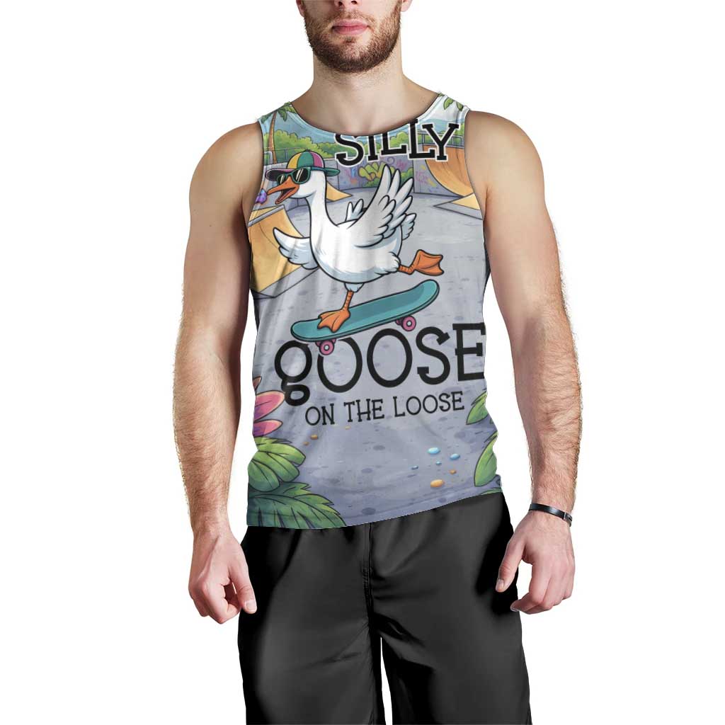 Funny Silly Goose on The Loose Men Tank Top with Skateboard and Palm Trees