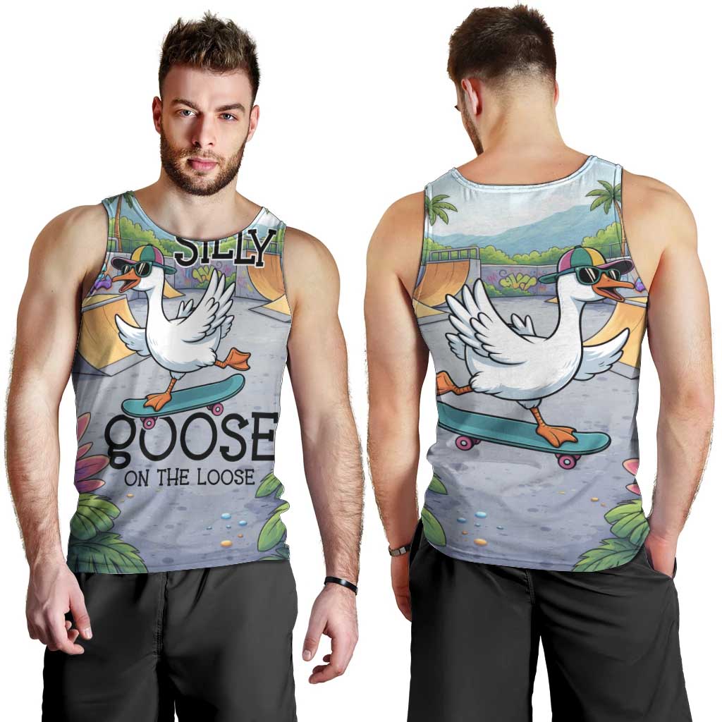 Funny Silly Goose on The Loose Men Tank Top with Skateboard and Palm Trees