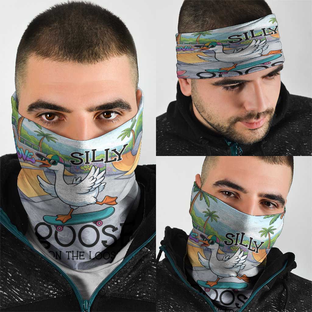 Funny Silly Goose on The Loose Neck Gaiter with Skateboard and Palm Trees