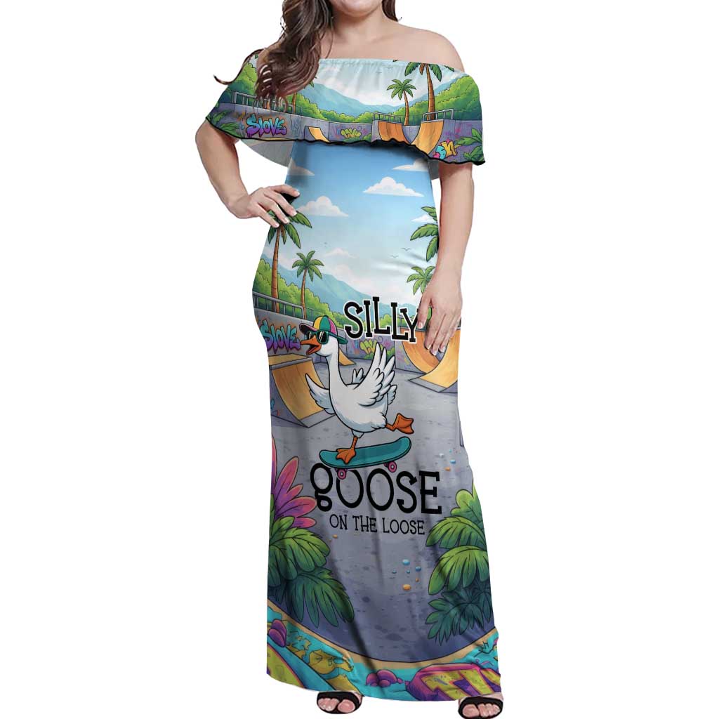Funny Silly Goose on The Loose Off Shoulder Maxi Dress with Skateboard and Palm Trees
