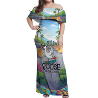 Funny Silly Goose on The Loose Off Shoulder Maxi Dress with Skateboard and Palm Trees