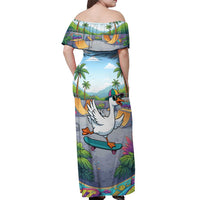 Funny Silly Goose on The Loose Off Shoulder Maxi Dress with Skateboard and Palm Trees
