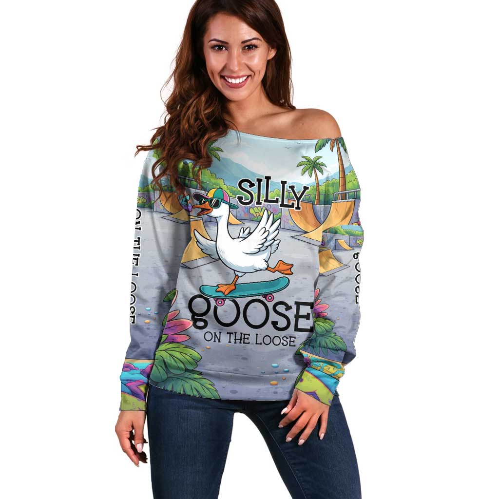 Funny Silly Goose on The Loose Off Shoulder Sweater with Skateboard and Palm Trees