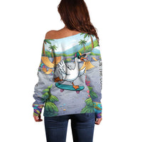 Funny Silly Goose on The Loose Off Shoulder Sweater with Skateboard and Palm Trees