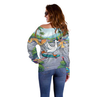 Funny Silly Goose on The Loose Off Shoulder Sweater with Skateboard and Palm Trees