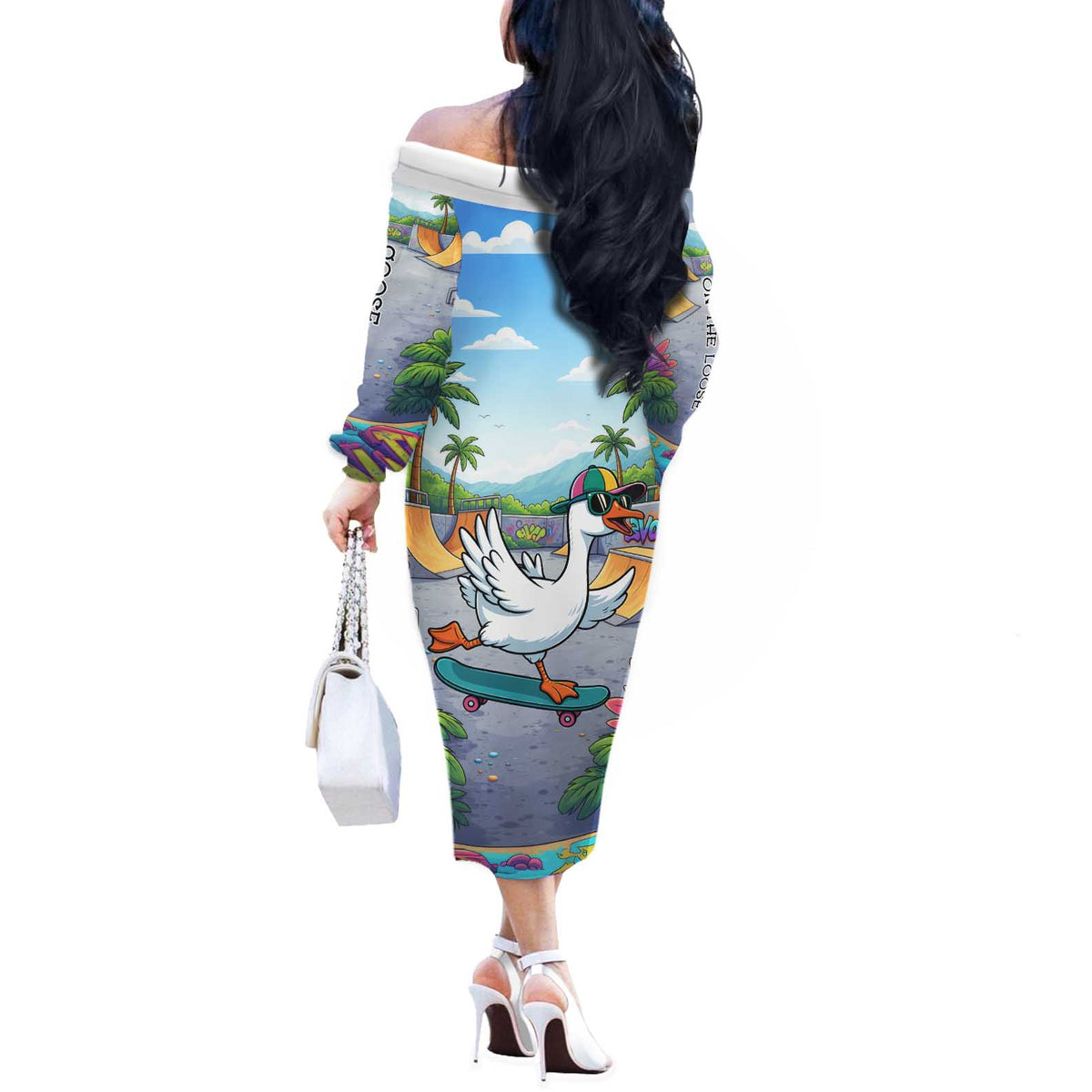 Funny Silly Goose on The Loose Off The Shoulder Long Sleeve Dress with Skateboard and Palm Trees