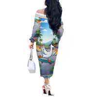 Funny Silly Goose on The Loose Off The Shoulder Long Sleeve Dress with Skateboard and Palm Trees