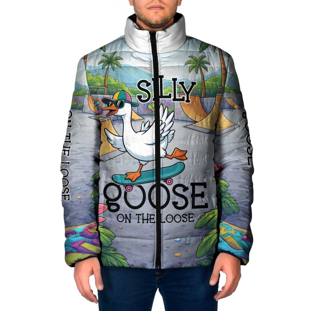 Funny Silly Goose on The Loose Padded Jacket with Skateboard and Palm Trees