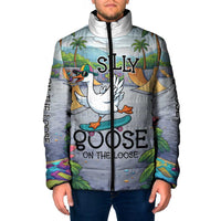 Funny Silly Goose on The Loose Padded Jacket with Skateboard and Palm Trees