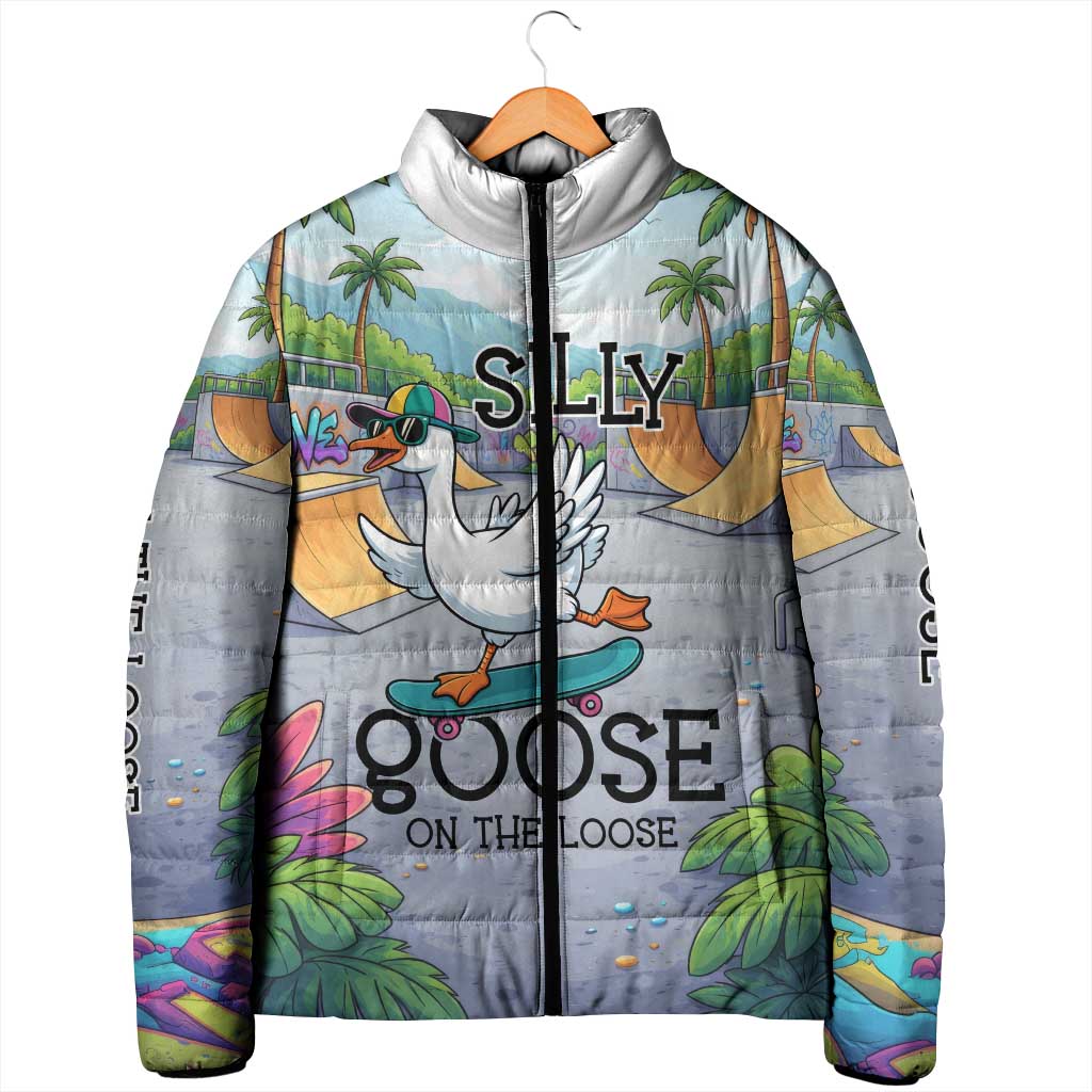 Funny Silly Goose on The Loose Padded Jacket with Skateboard and Palm Trees