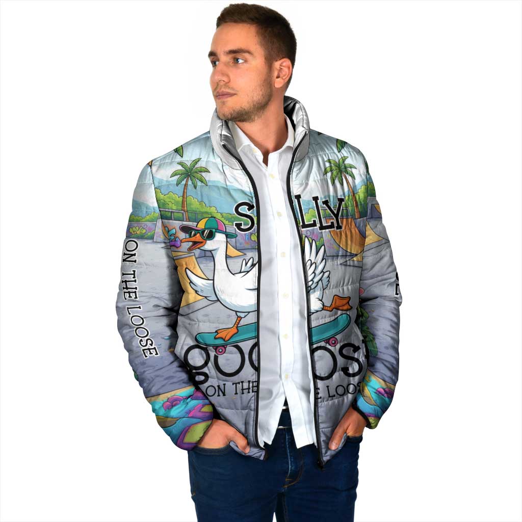 Funny Silly Goose on The Loose Padded Jacket with Skateboard and Palm Trees
