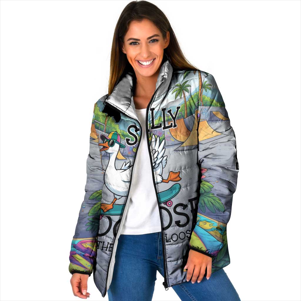 Funny Silly Goose on The Loose Padded Jacket with Skateboard and Palm Trees