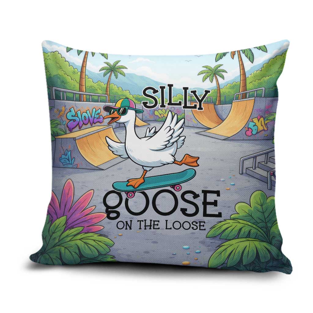 Funny Silly Goose on The Loose Pillow Cover with Skateboard and Palm Trees