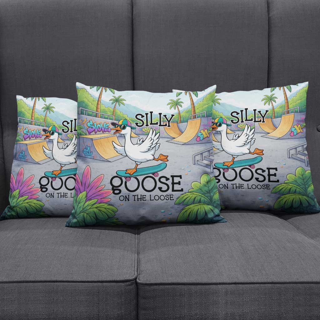 Funny Silly Goose on The Loose Pillow Cover with Skateboard and Palm Trees