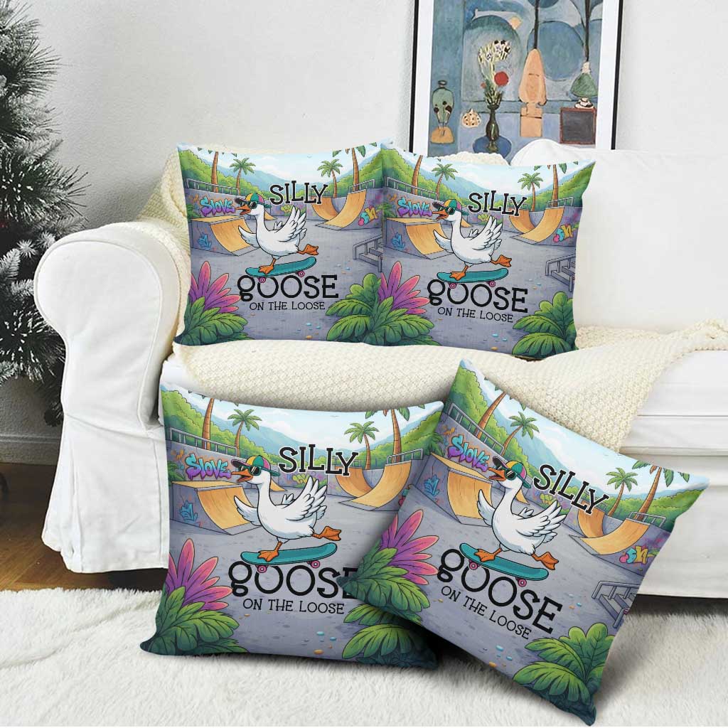 Funny Silly Goose on The Loose Pillow Cover with Skateboard and Palm Trees