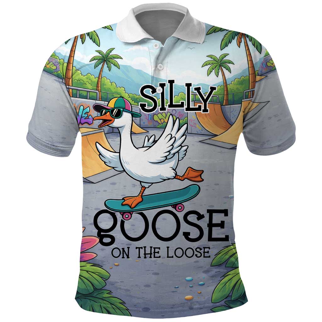 Funny Silly Goose on The Loose Polo Shirt with Skateboard and Palm Trees