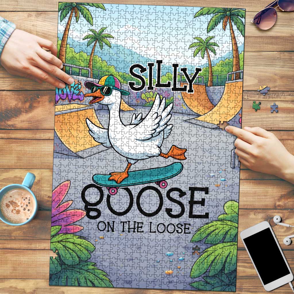 Funny Silly Goose on The Loose Puzzle with Skateboard and Palm Trees