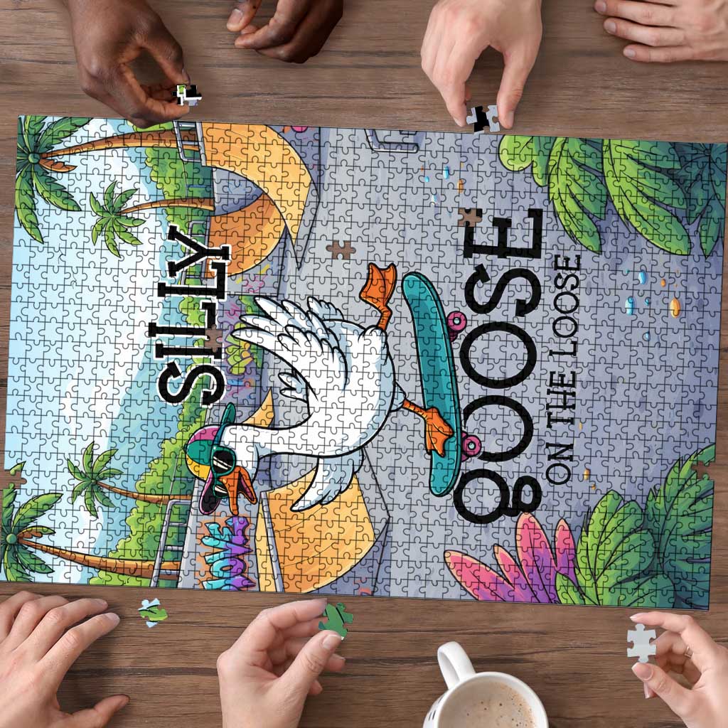 Funny Silly Goose on The Loose Puzzle with Skateboard and Palm Trees