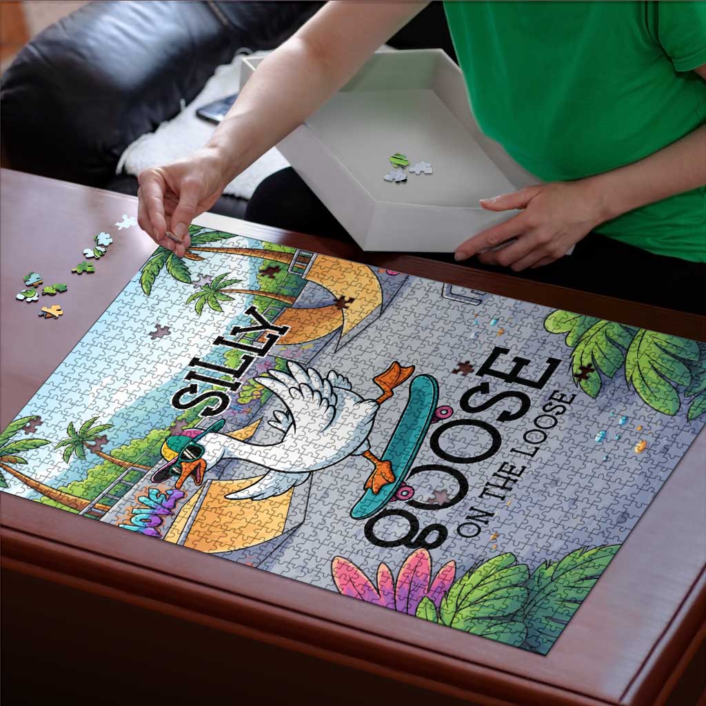 Funny Silly Goose on The Loose Puzzle with Skateboard and Palm Trees