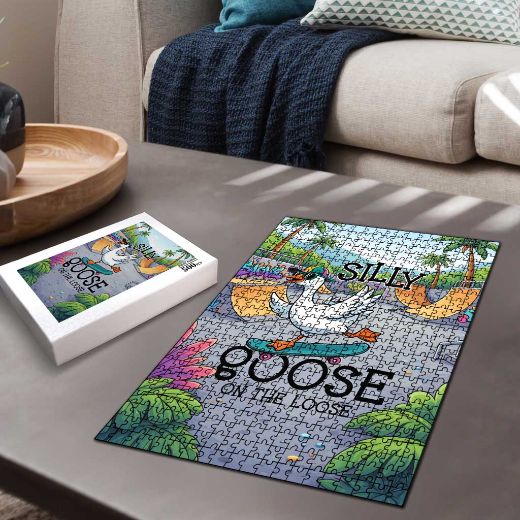 Funny Silly Goose on The Loose Puzzle with Skateboard and Palm Trees