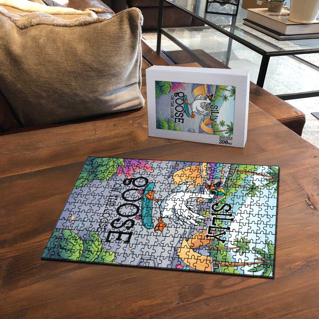 Funny Silly Goose on The Loose Puzzle with Skateboard and Palm Trees