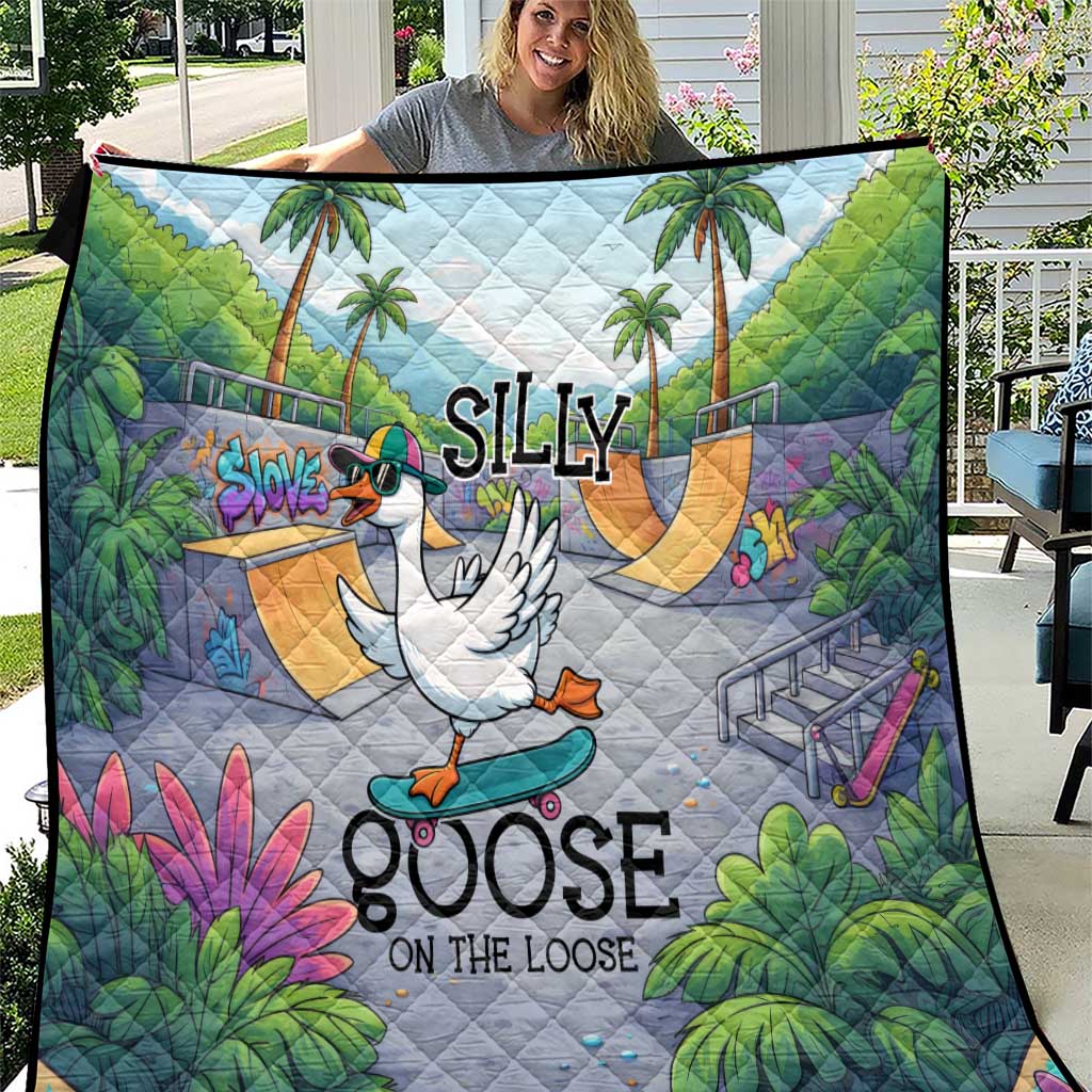 Funny Silly Goose on The Loose Quilt with Skateboard and Palm Trees