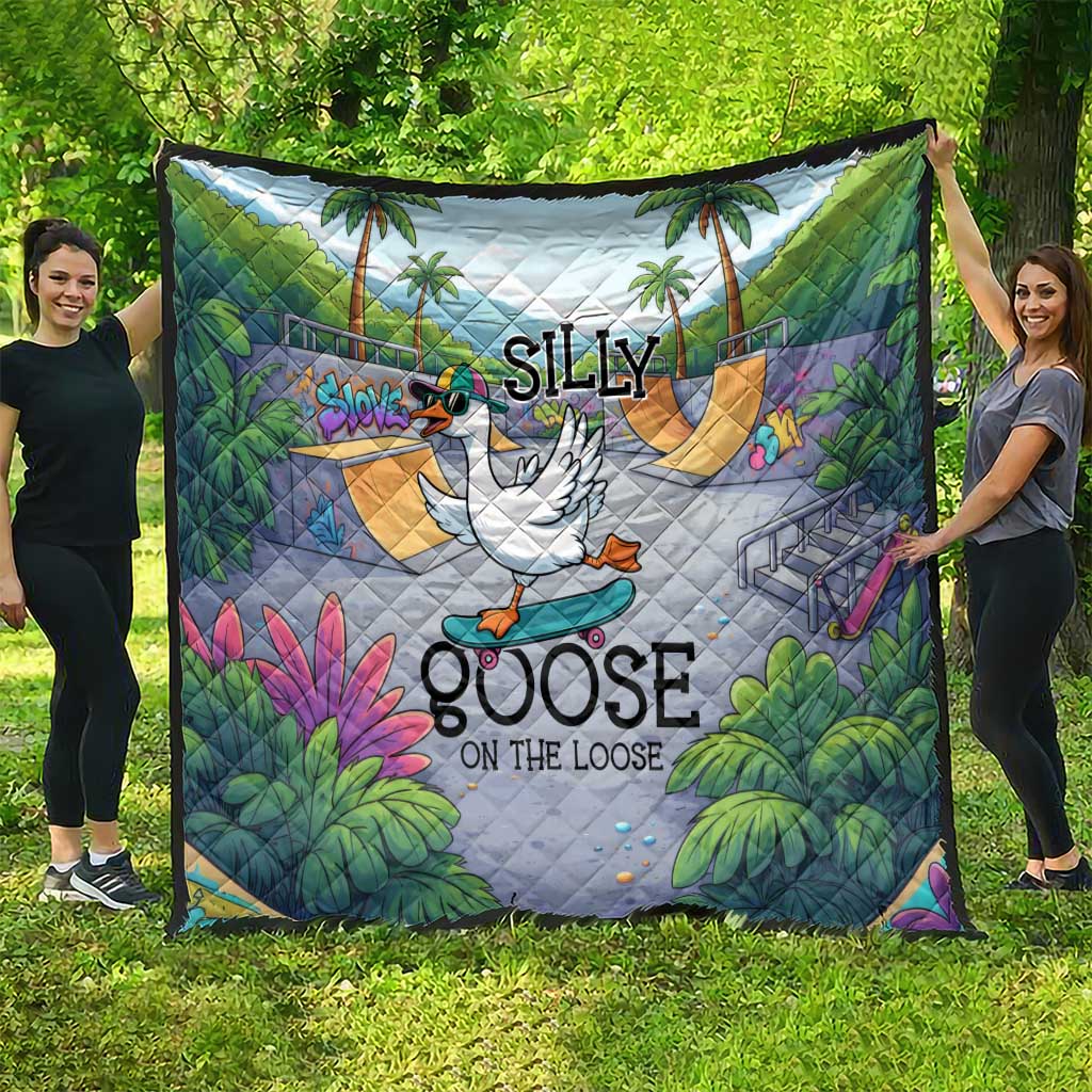 Funny Silly Goose on The Loose Quilt with Skateboard and Palm Trees