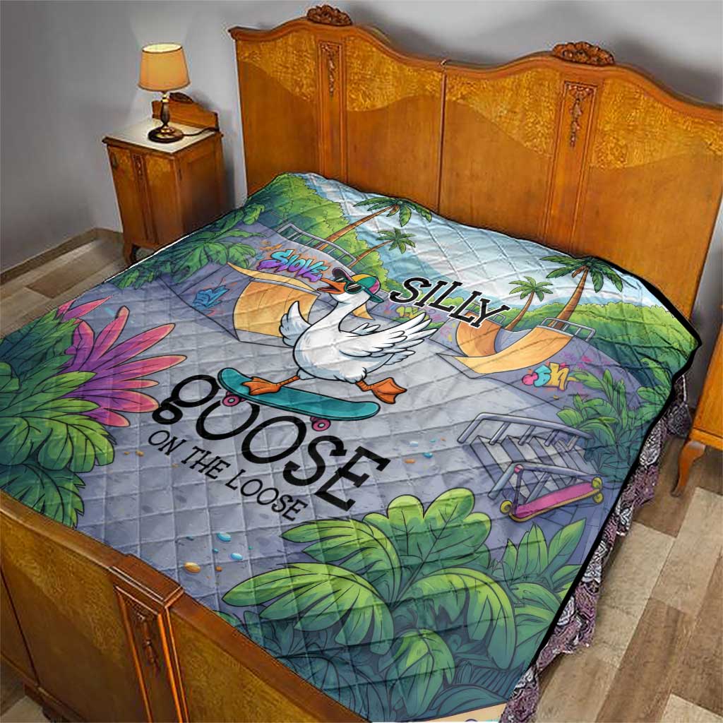 Funny Silly Goose on The Loose Quilt with Skateboard and Palm Trees