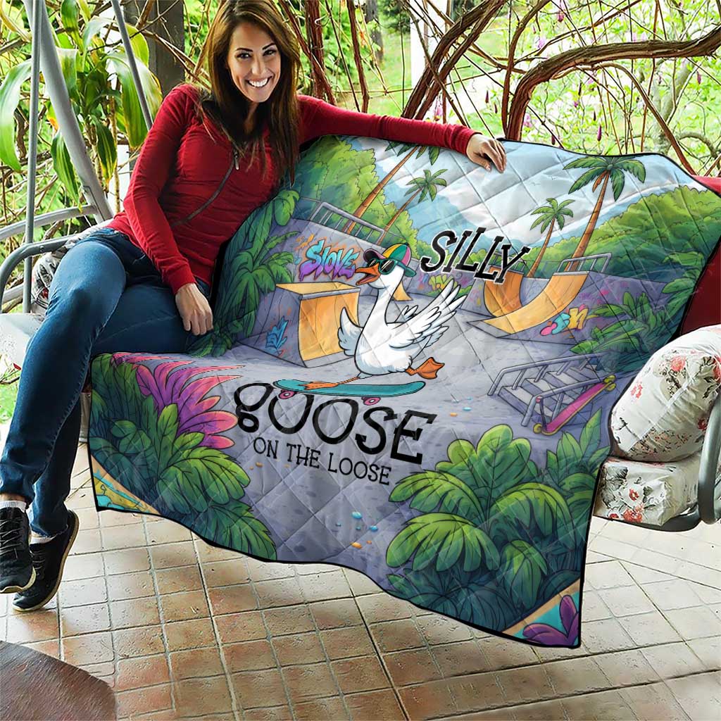 Funny Silly Goose on The Loose Quilt with Skateboard and Palm Trees