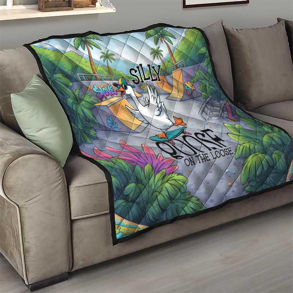 Funny Silly Goose on The Loose Quilt with Skateboard and Palm Trees