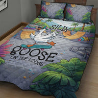 Funny Silly Goose on The Loose Quilt Bed Set with Skateboard and Palm Trees