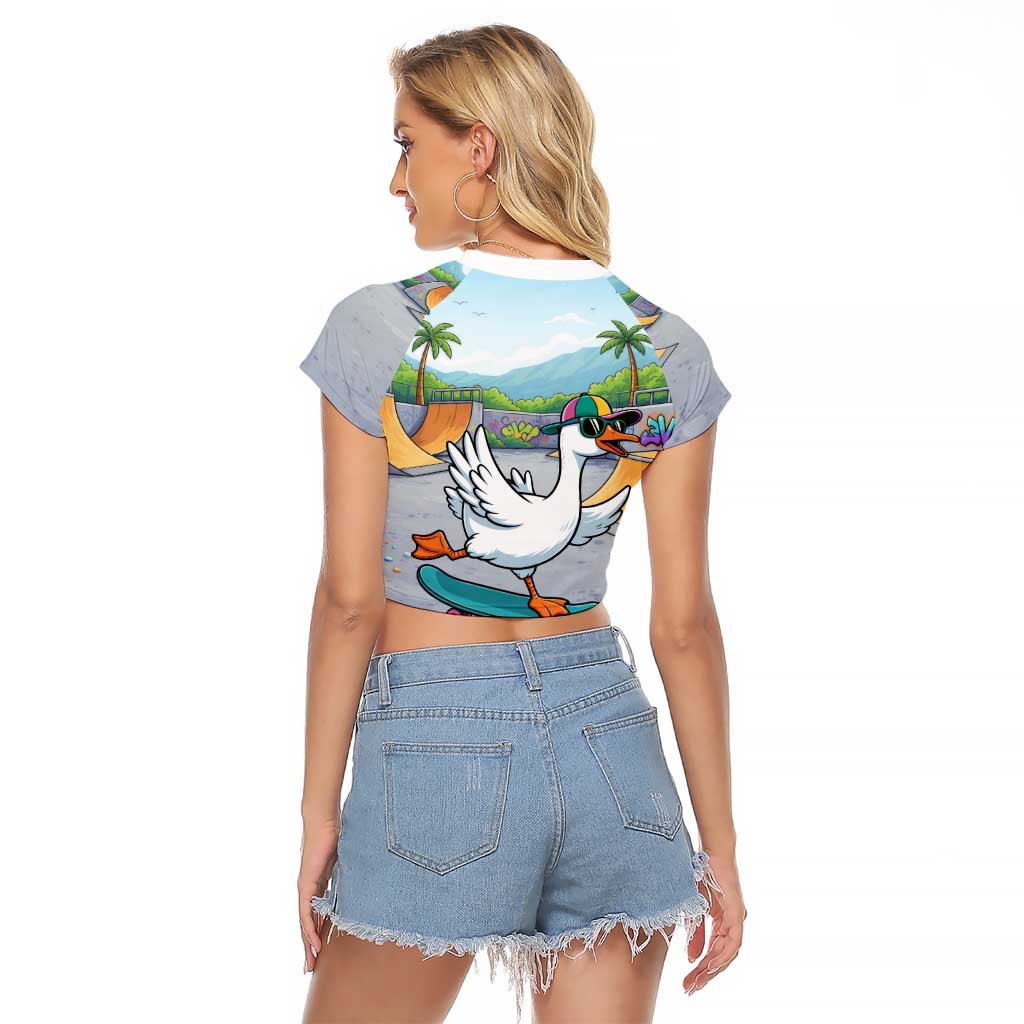 Funny Silly Goose on The Loose Raglan Cropped T Shirt with Skateboard and Palm Trees