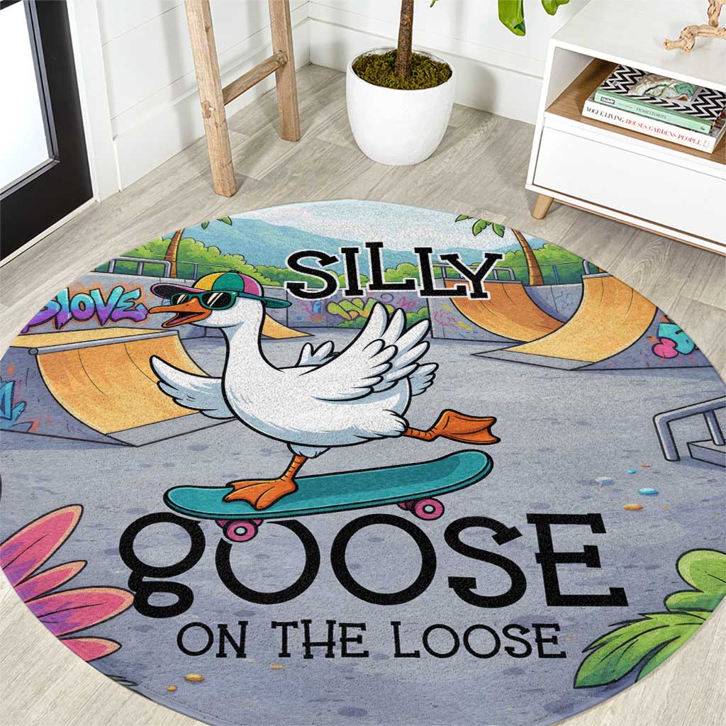 Funny Silly Goose on The Loose Round Carpet with Skateboard and Palm Trees