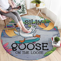 Funny Silly Goose on The Loose Round Carpet with Skateboard and Palm Trees