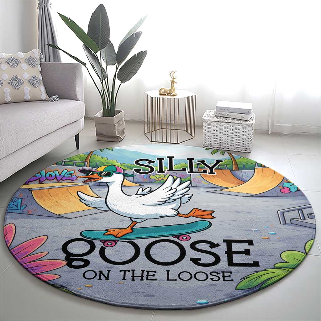 Funny Silly Goose on The Loose Round Carpet with Skateboard and Palm Trees