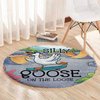 Funny Silly Goose on The Loose Round Carpet with Skateboard and Palm Trees