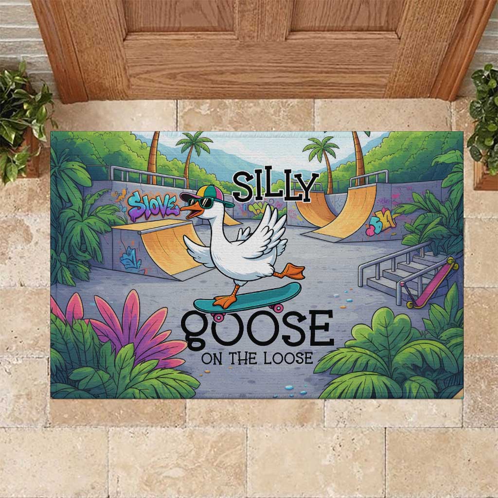Funny Silly Goose on The Loose Rubber Doormat with Skateboard and Palm Trees