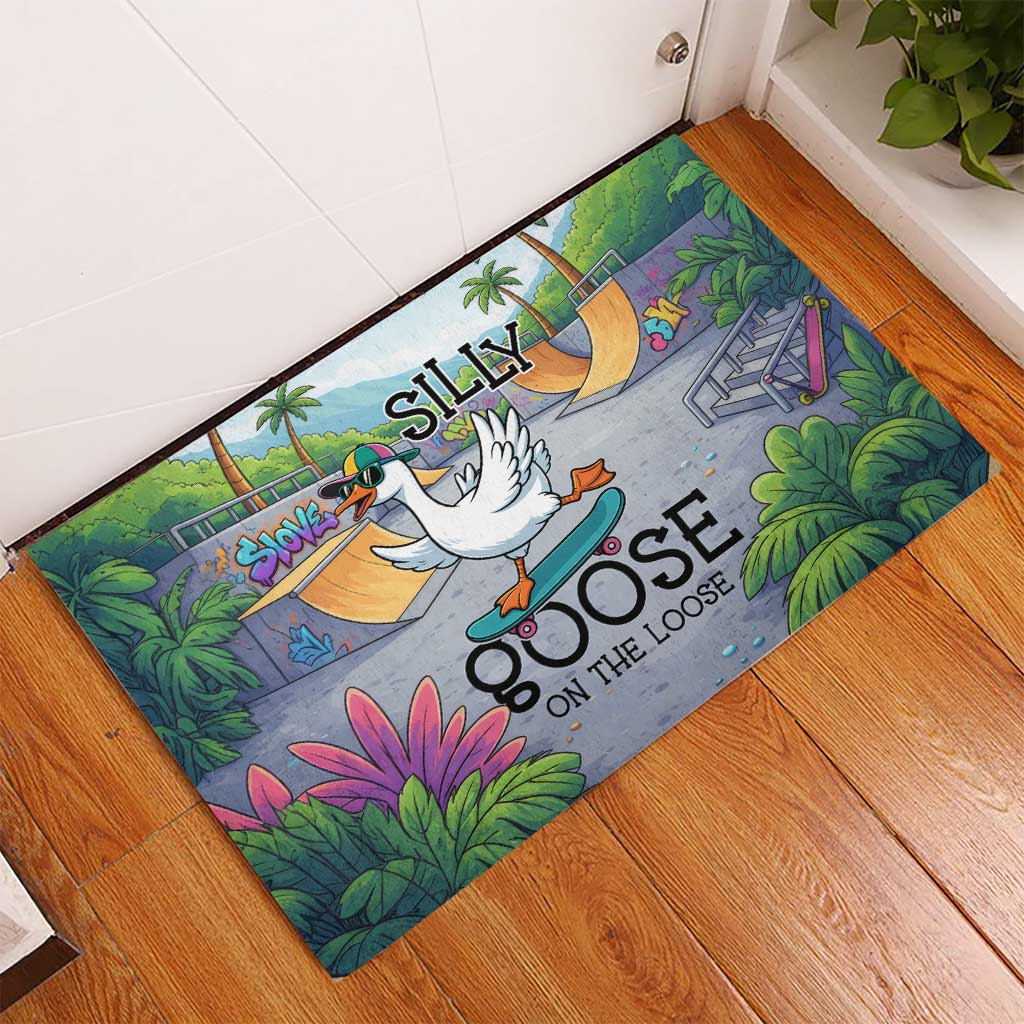 Funny Silly Goose on The Loose Rubber Doormat with Skateboard and Palm Trees