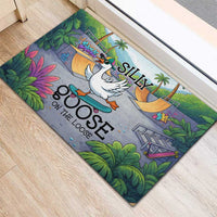 Funny Silly Goose on The Loose Rubber Doormat with Skateboard and Palm Trees