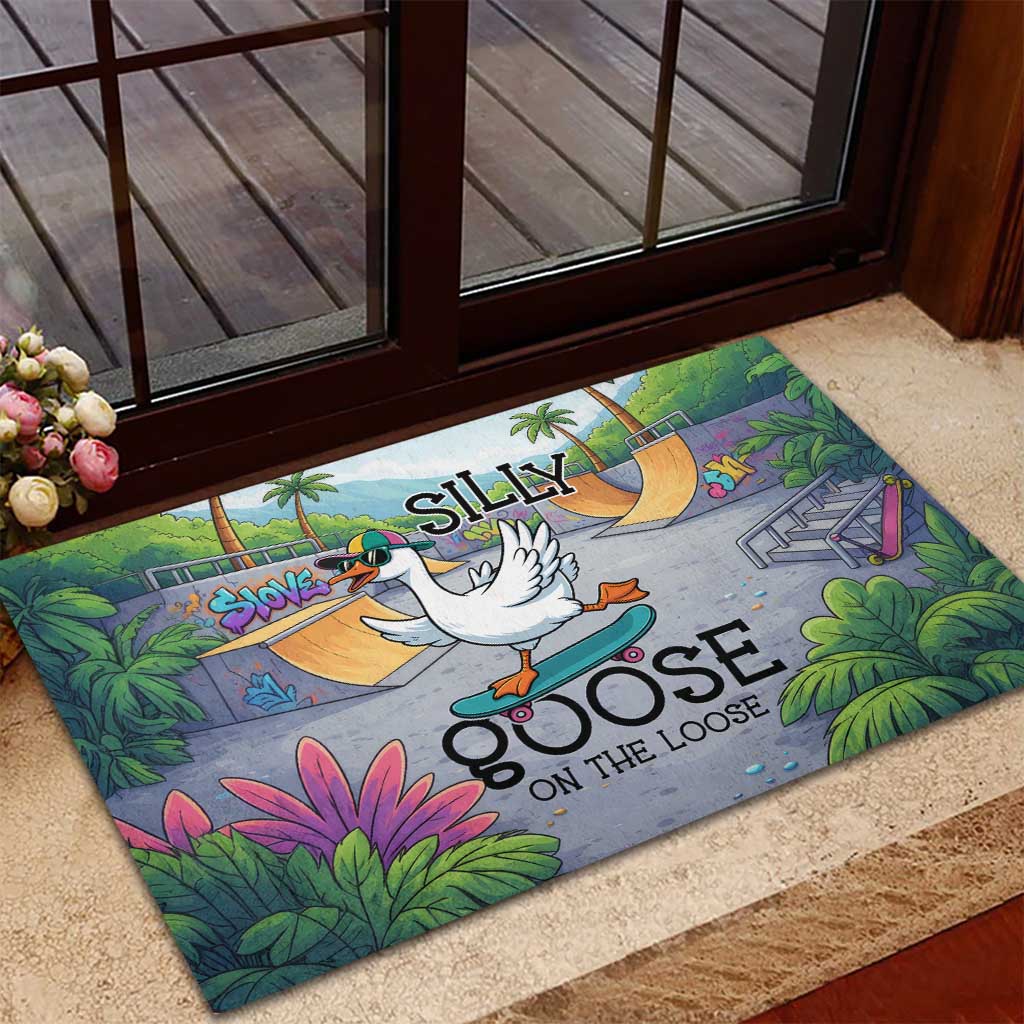 Funny Silly Goose on The Loose Rubber Doormat with Skateboard and Palm Trees