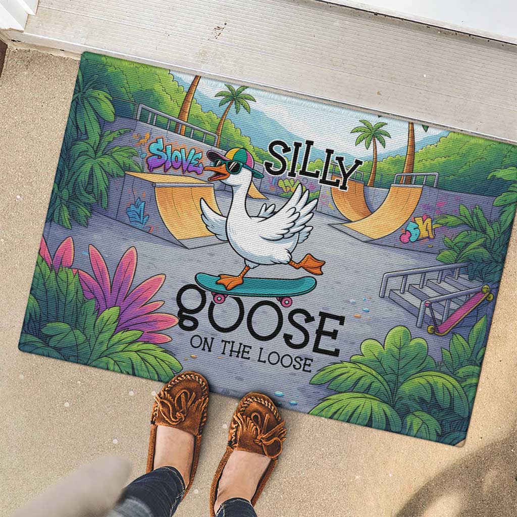 Funny Silly Goose on The Loose Rubber Doormat with Skateboard and Palm Trees