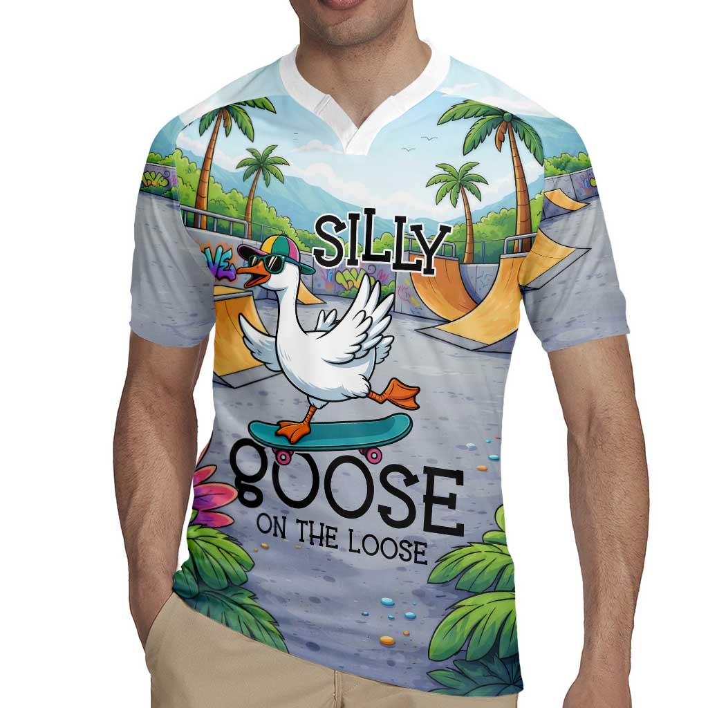 Funny Silly Goose on The Loose Rugby Jersey with Skateboard and Palm Trees