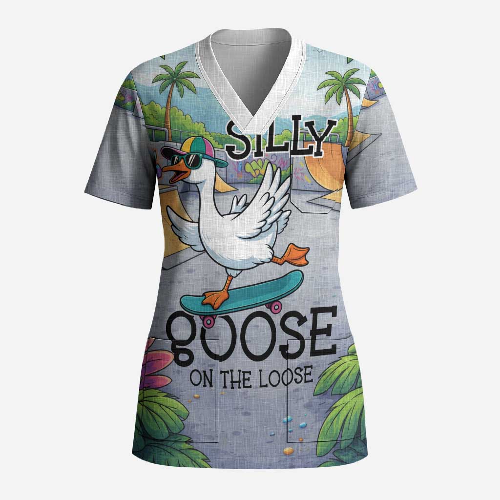 Funny Silly Goose on The Loose Scrub Top with Skateboard and Palm Trees