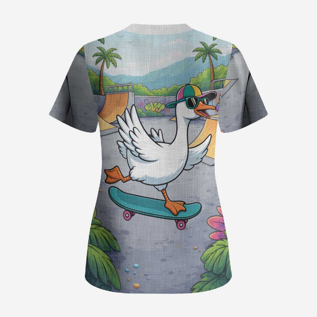 Funny Silly Goose on The Loose Scrub Top with Skateboard and Palm Trees