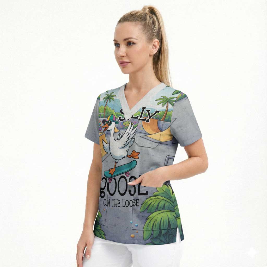 Funny Silly Goose on The Loose Scrub Top with Skateboard and Palm Trees
