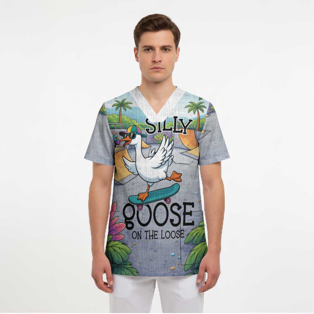 Funny Silly Goose on The Loose Scrub Top with Skateboard and Palm Trees
