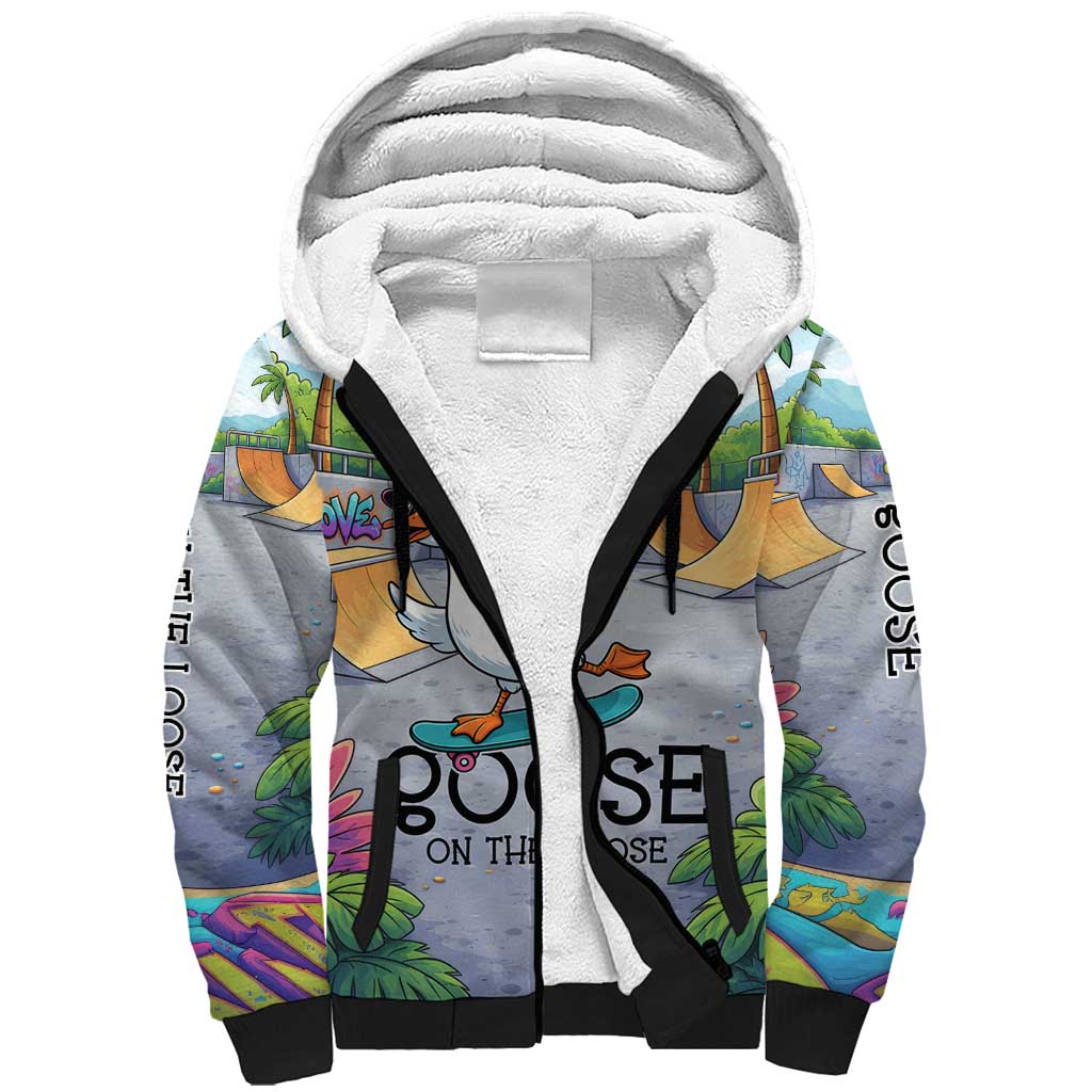 Funny Silly Goose on The Loose Sherpa Hoodie with Skateboard and Palm Trees