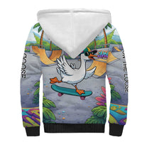 Funny Silly Goose on The Loose Sherpa Hoodie with Skateboard and Palm Trees